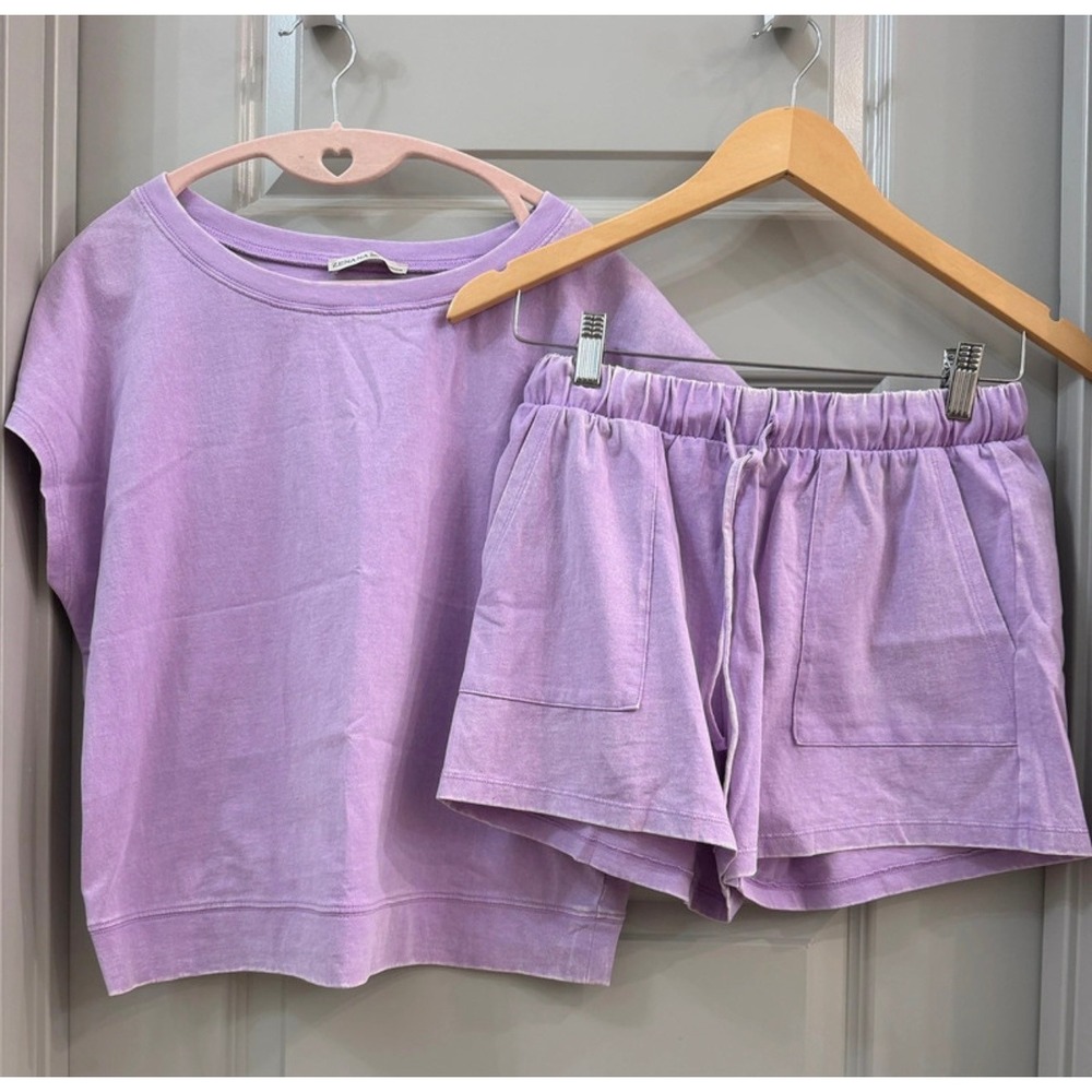Zenana Womens Purple Mineral Wash 100% Cotton Shorts Lounge Set NWOT Small